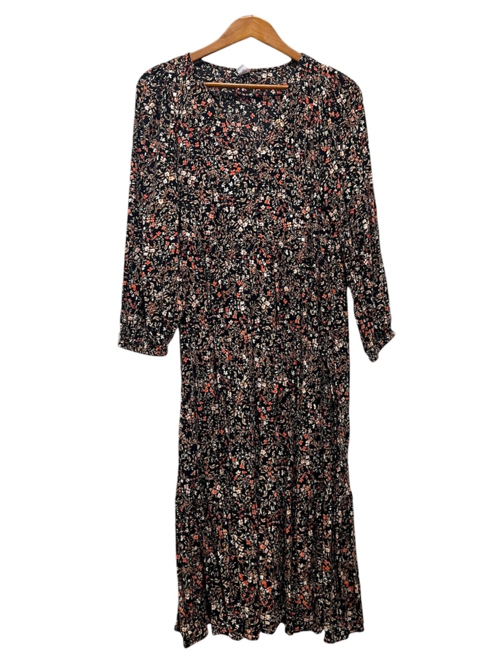 Old Navy Dress Maxi Long Sleeve Black Ditsy Floral Size Medium